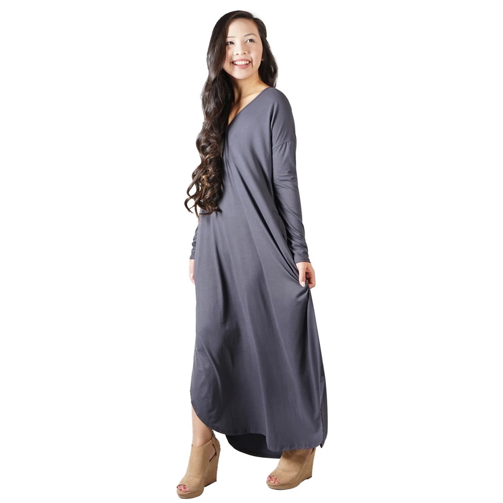 ENTRO Charcoal Grey Long Sleeve V Neck High Low Maxi Dress XL Made‎ in USA